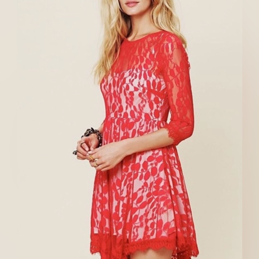NWOT FREE PEOPLE Red Lace Asymmetrical Mini Dress